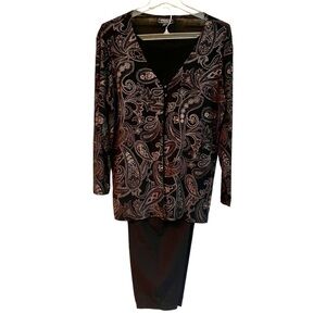 IMPRESSIONS, BLACK, BROWN & GOLD PAISLEY, LONG SLEEVE TUNIC & PANTS. SIZE XL.